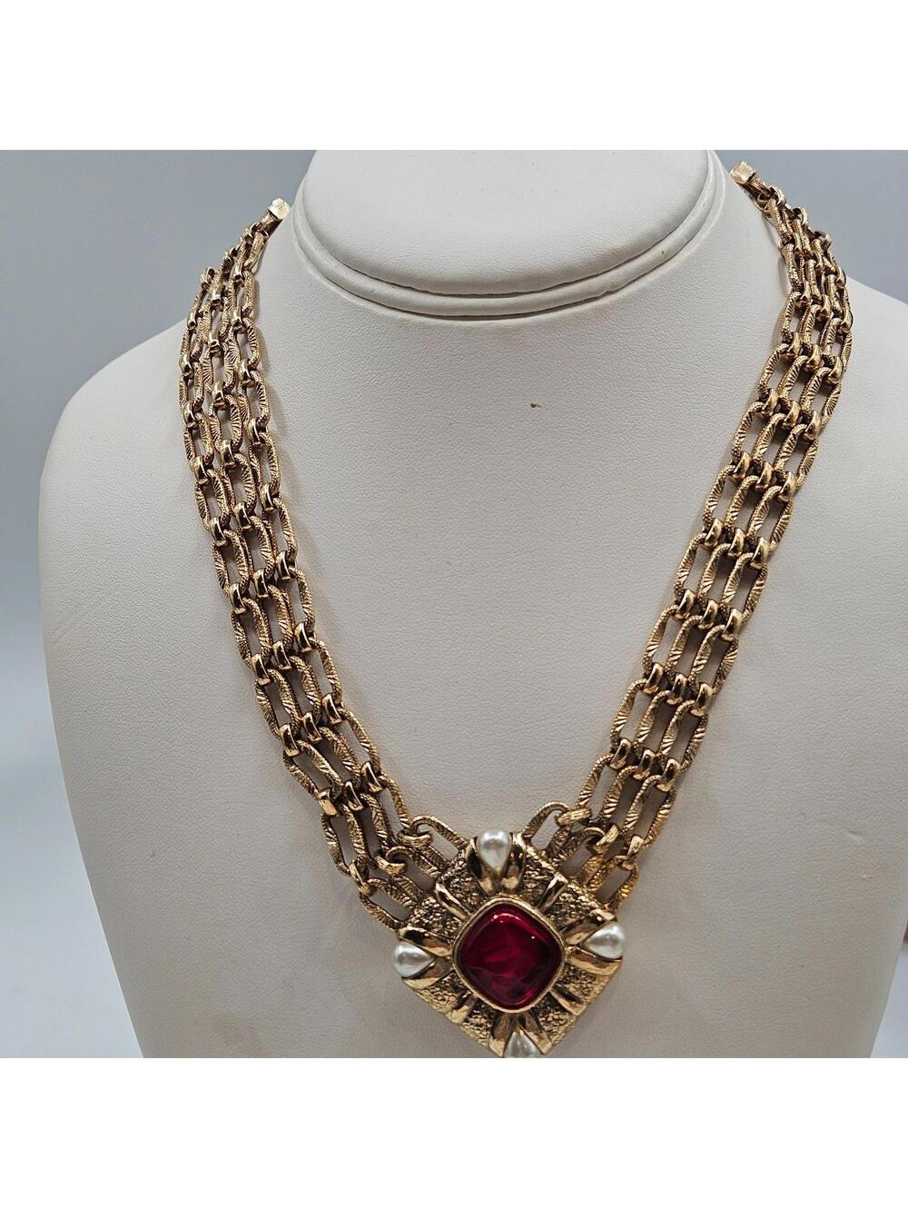 Vintage 1928 Geometric Glass Faux Pearl Textured Chain Statement Necklace 17in